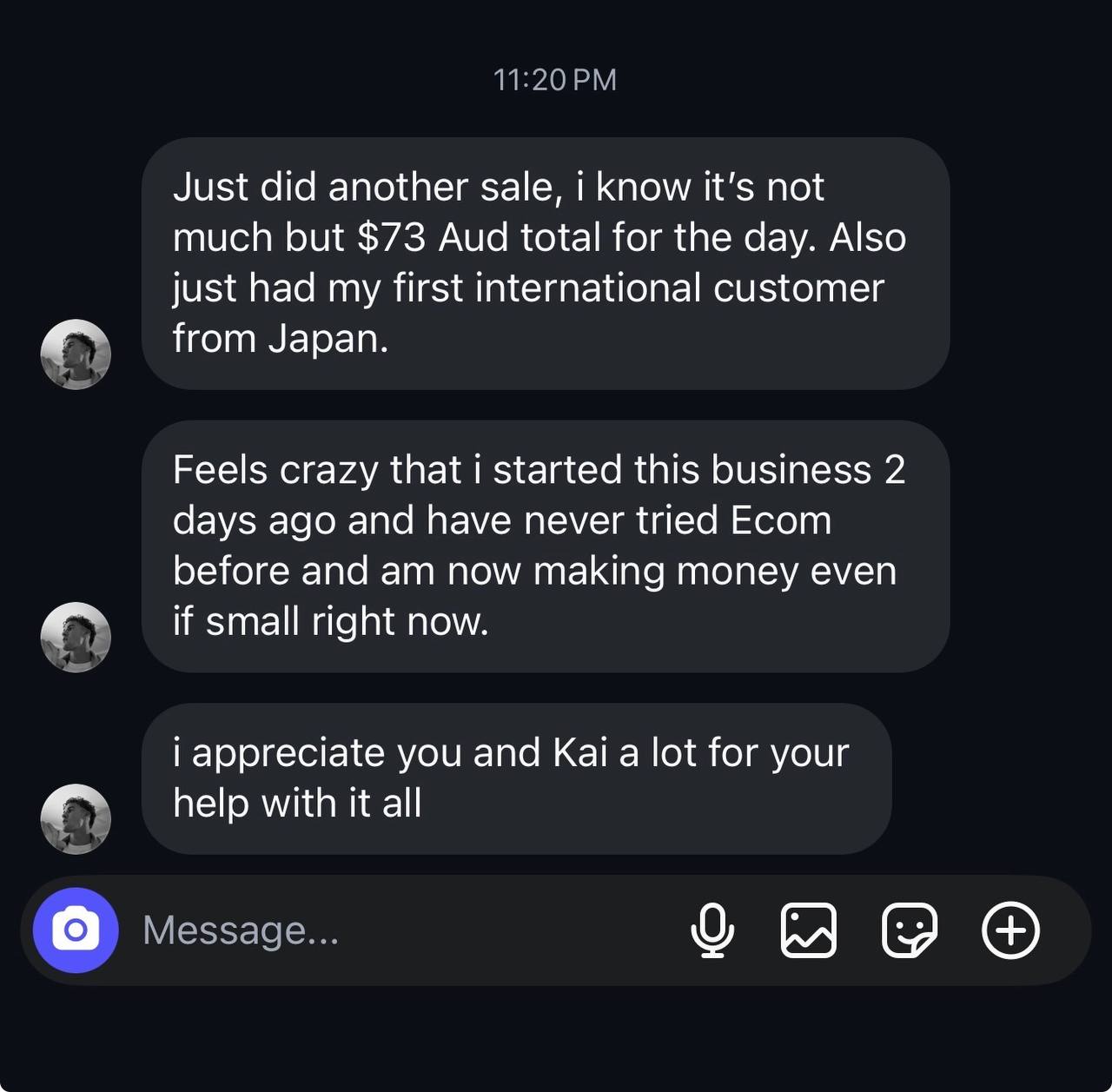 Student result - first sales and first international customer